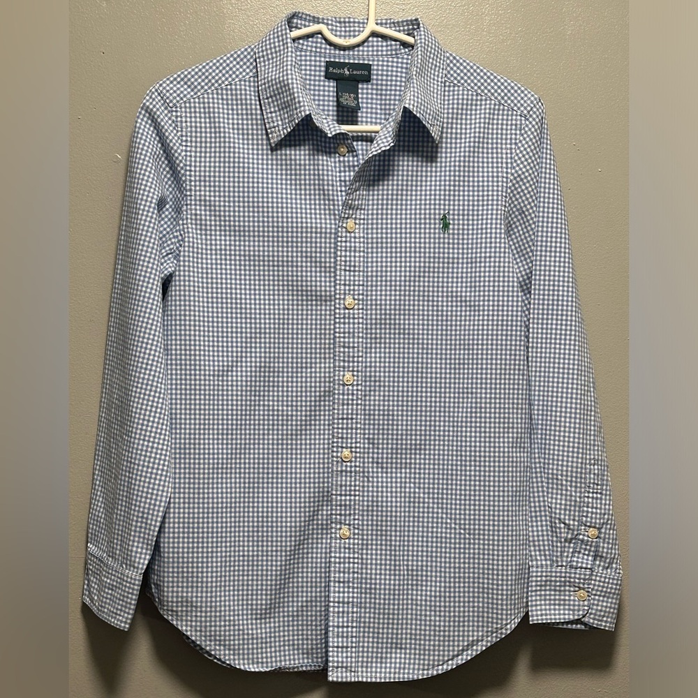 Ralph Lauren Blue/White Checkered Button Down Long Sleeve Shirt.  Size L (14/16)